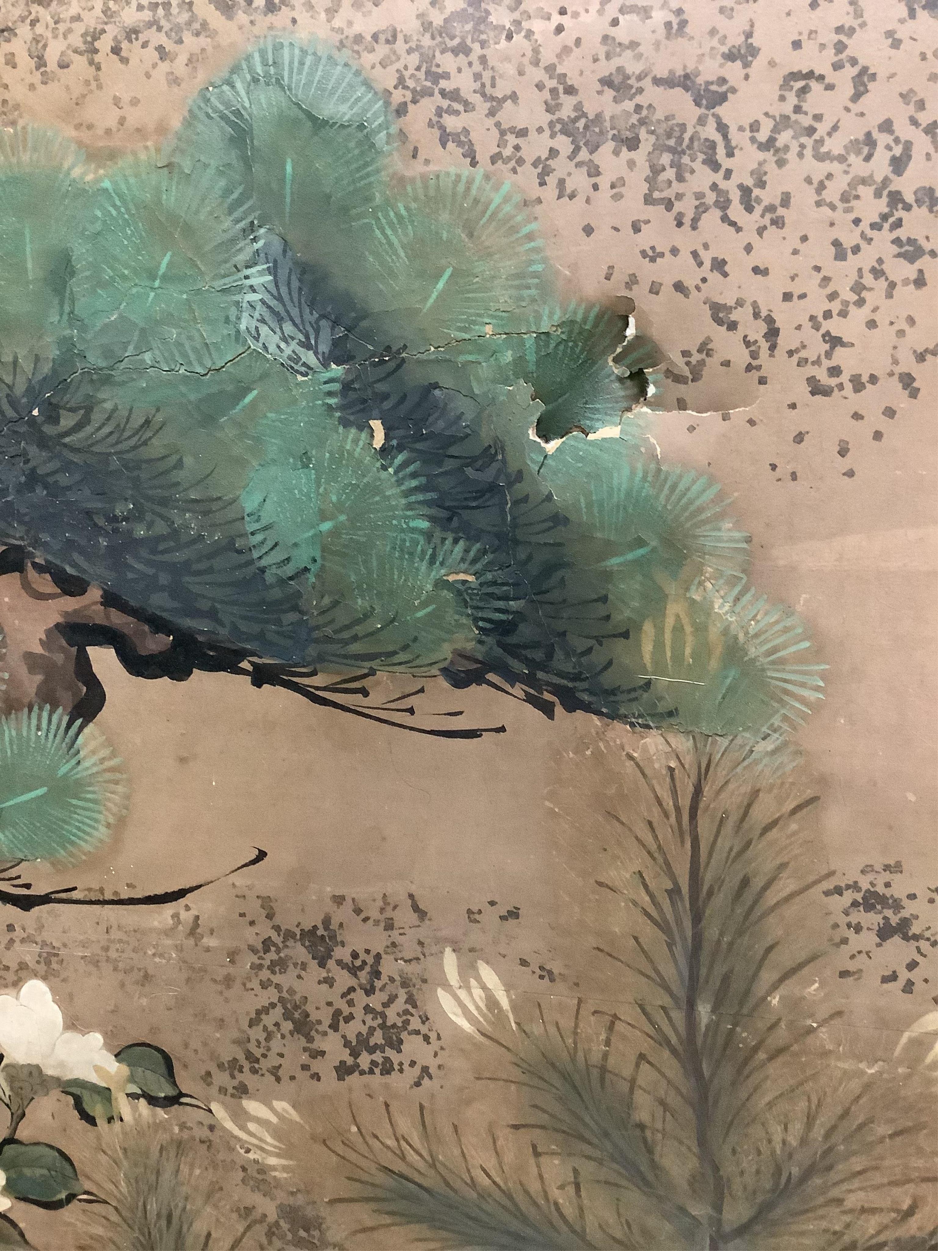 A late 19th century Japanese six section dressing screen, paper laid on frame, decorated with storks in landscape, each panel width 61cm, height 166cm. Condition - fair